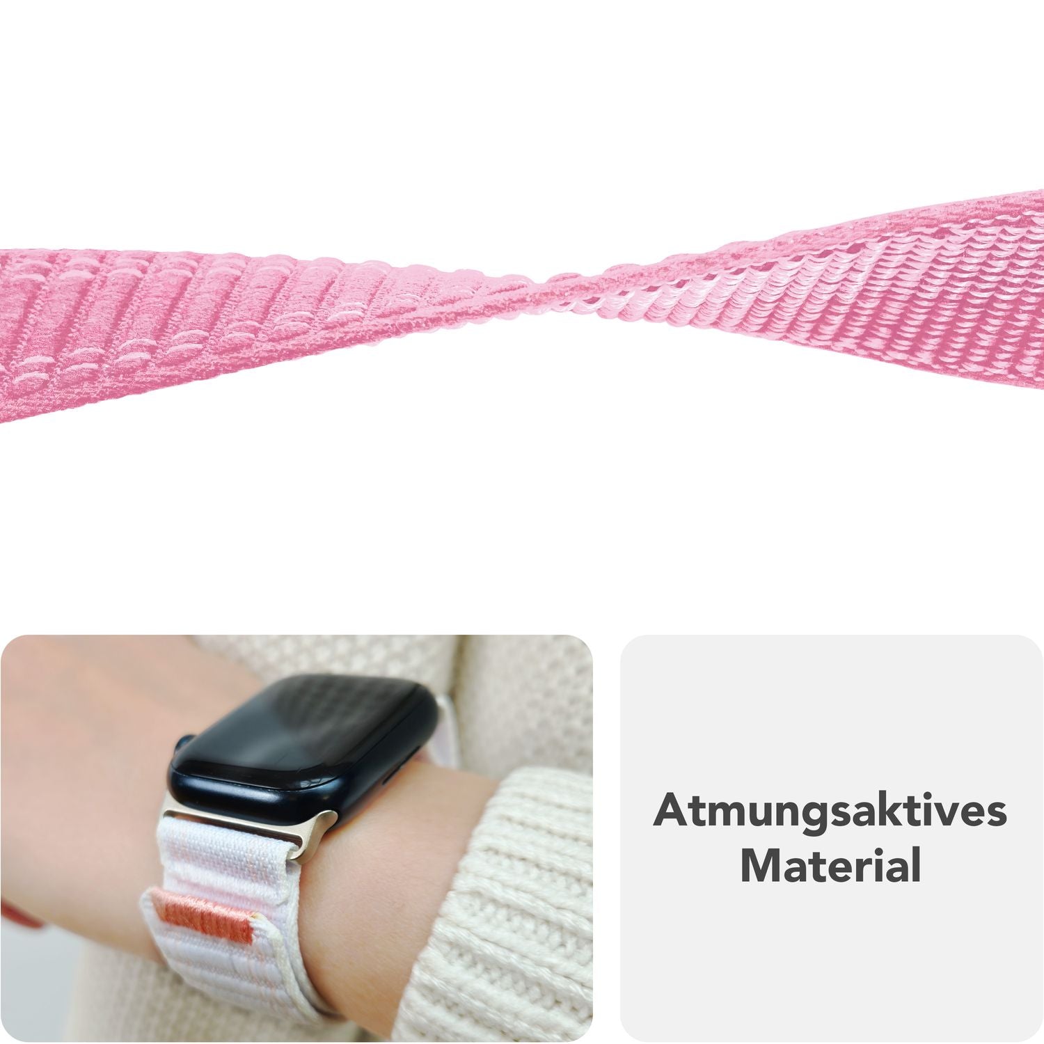 NALIA Evolv Armband für Apple Watch SE/10/9/8/7/6/5/4/3/2/1, Gehäusegröße 38/40/41/42mm, Gewebtes Stoffband Elastisches Nylon Uhrenband mit Klettverschluss Zartrosa NALIA Nylon Armband