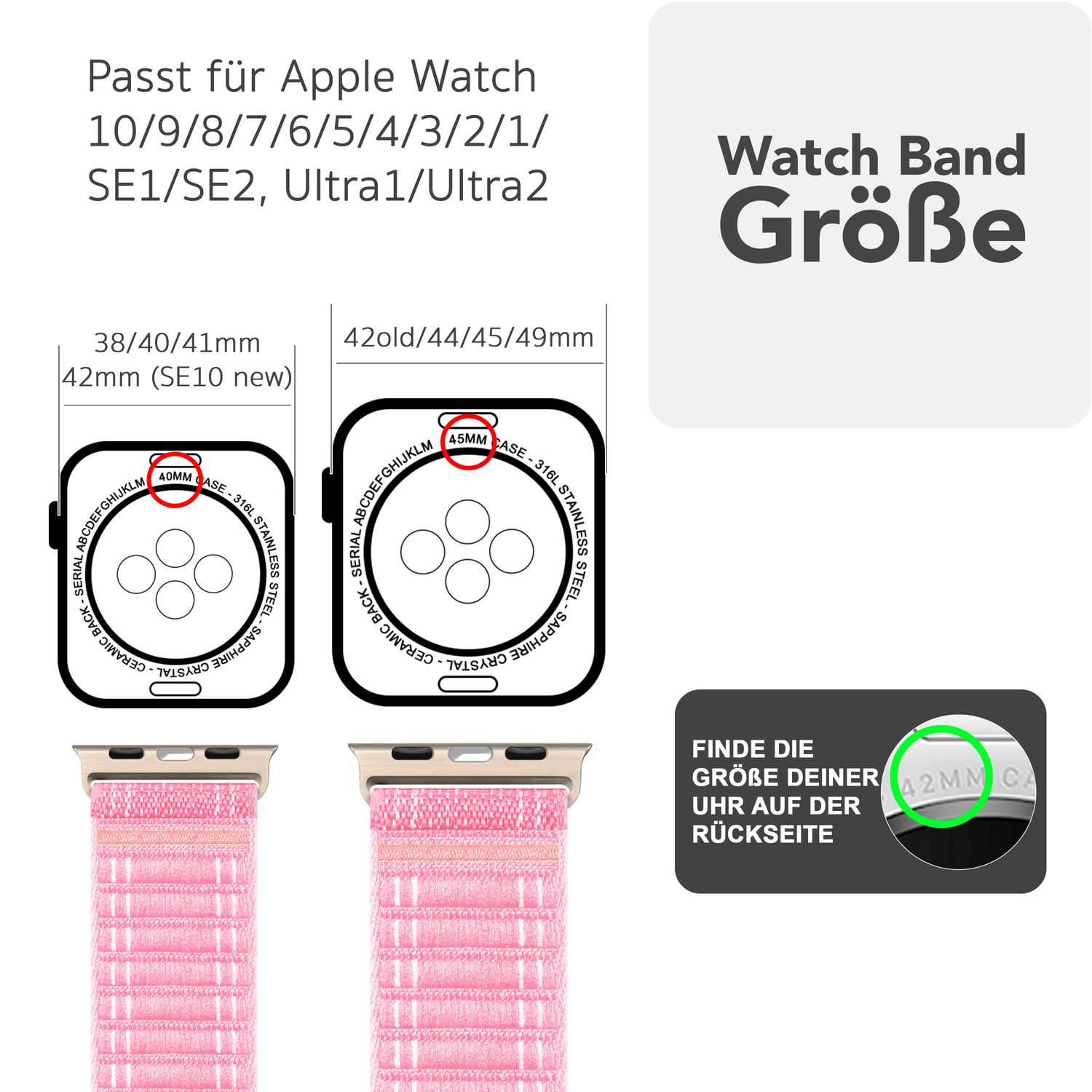 NALIA Evolv Armband für Apple Watch Ultra/SE/10/9/8/7/6/5/4/3/2/1, Gehäusegröße 42/44/45/46/49mm, Gewebtes Stoffband Elastisches Nylon Uhrenband mit Klettverschluss Zartrosa NALIA Nylon Armband