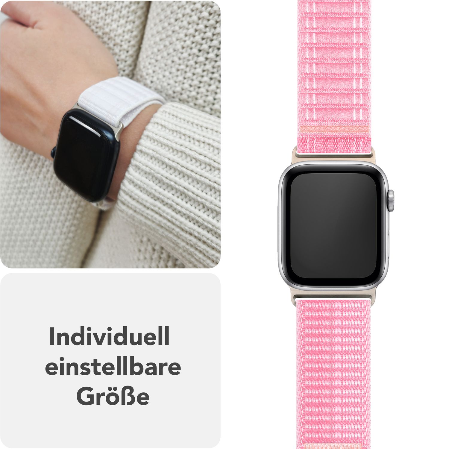 NALIA Evolv Armband für Apple Watch Ultra/SE/10/9/8/7/6/5/4/3/2/1, Gehäusegröße 42/44/45/46/49mm, Gewebtes Stoffband Elastisches Nylon Uhrenband mit Klettverschluss Zartrosa NALIA Nylon Armband