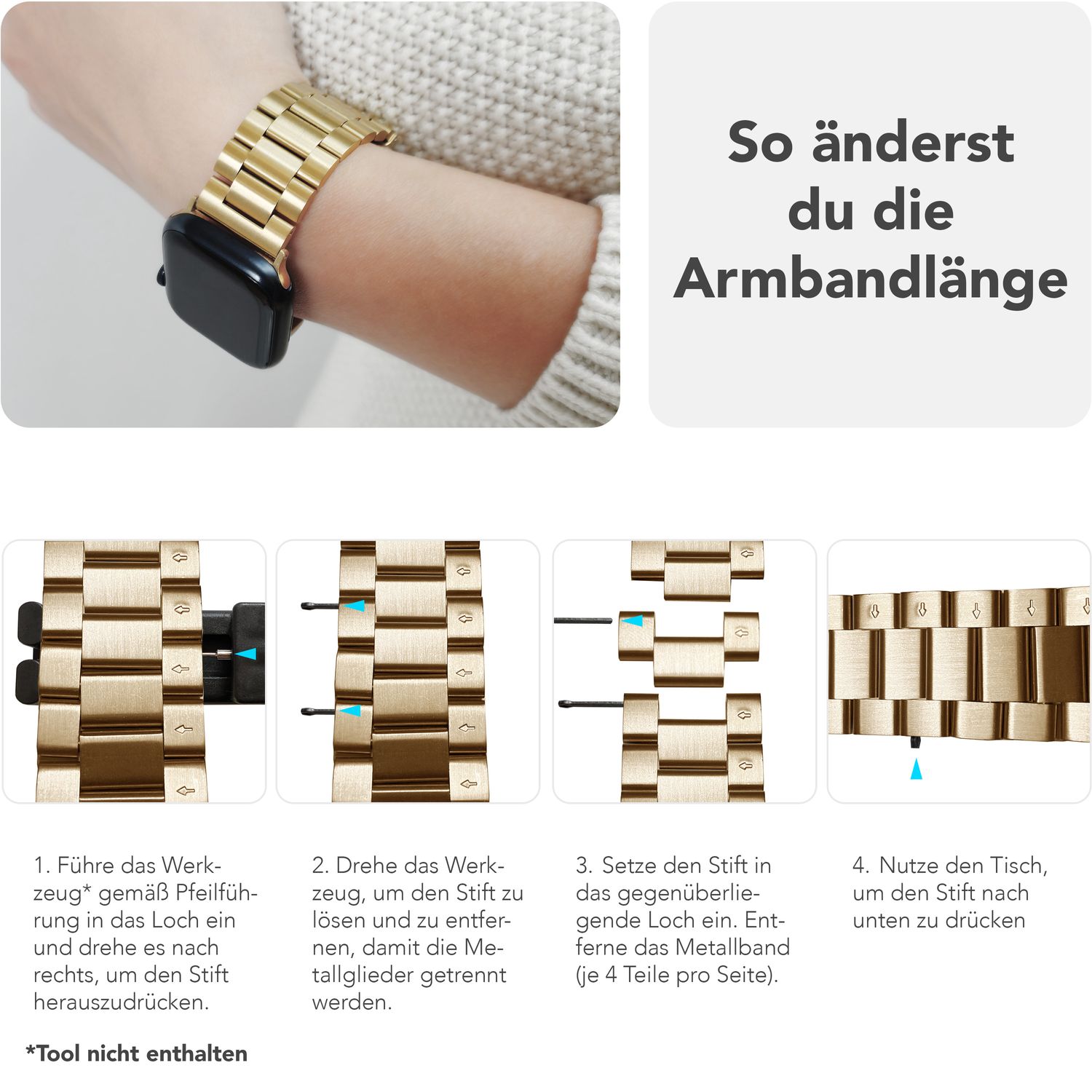 NALIA Mova Armband für Apple Watch SE/10/9/8/7/6/5/4/3/2/1, Gehäusegröße 38/40/41/42mm, Edelstahl Ersatzarmband mit Doppelfaltschließe, Metall Rostfrei Königs Gold NALIA Metall Armband