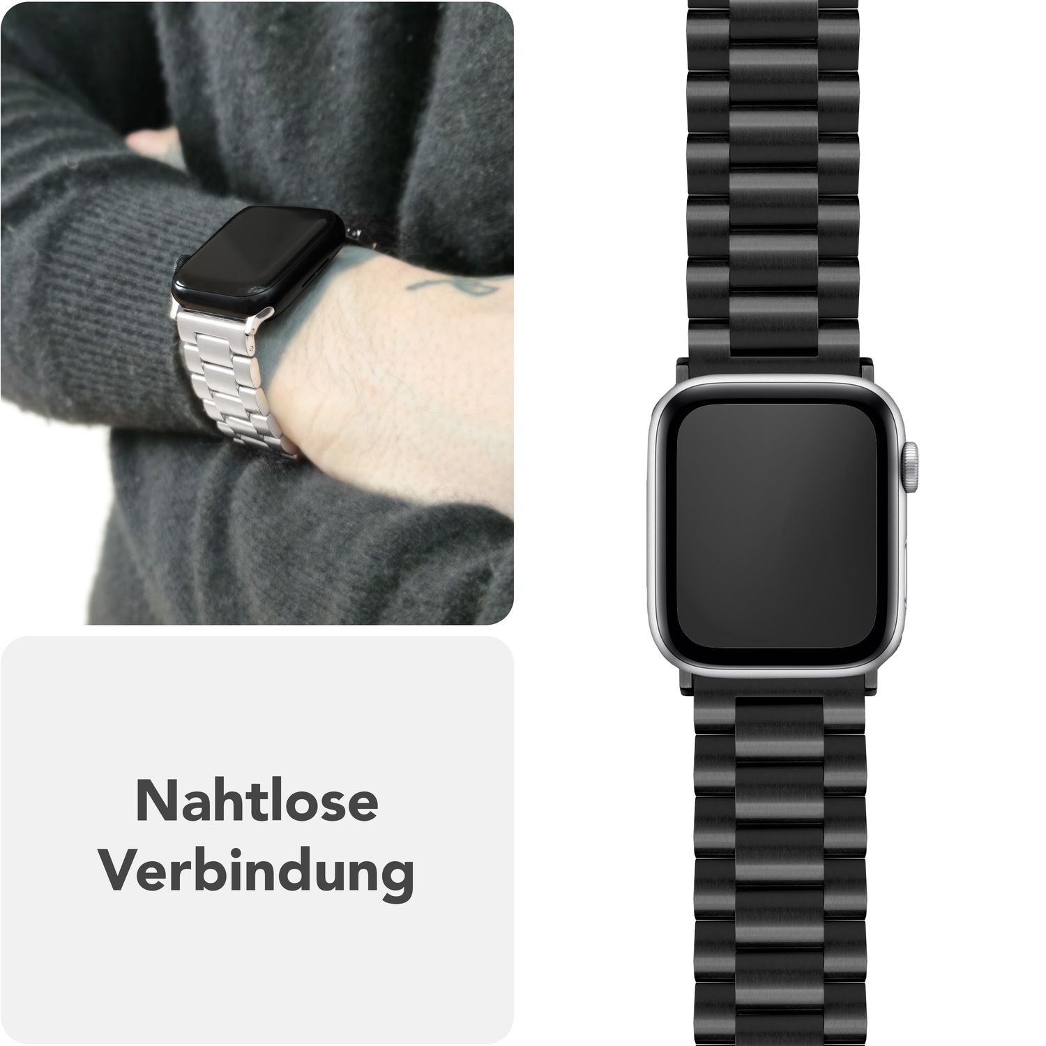 NALIA Mova Armband für Apple Watch SE/10/9/8/7/6/5/4/3/2/1, Gehäusegröße 38/40/41/42mm, Edelstahl Ersatzarmband mit Doppelfaltschließe, Metall Rostfrei Tiefschwarz NALIA Metall Armband