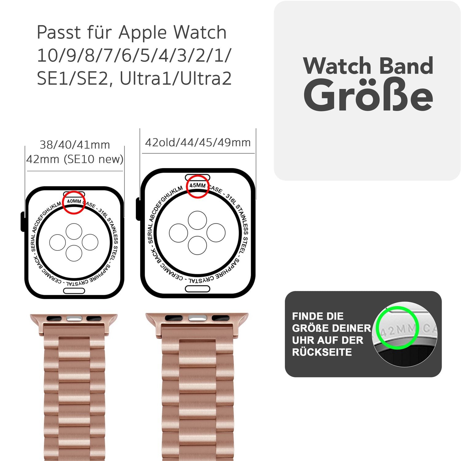 NALIA Mova Armband für Apple Watch SE/10/9/8/7/6/5/4/3/2/1, Gehäusegröße 38/40/41/42mm, Edelstahl Ersatzarmband mit Doppelfaltschließe, Metall Rostfrei Kupferrosé NALIA Metall Armband