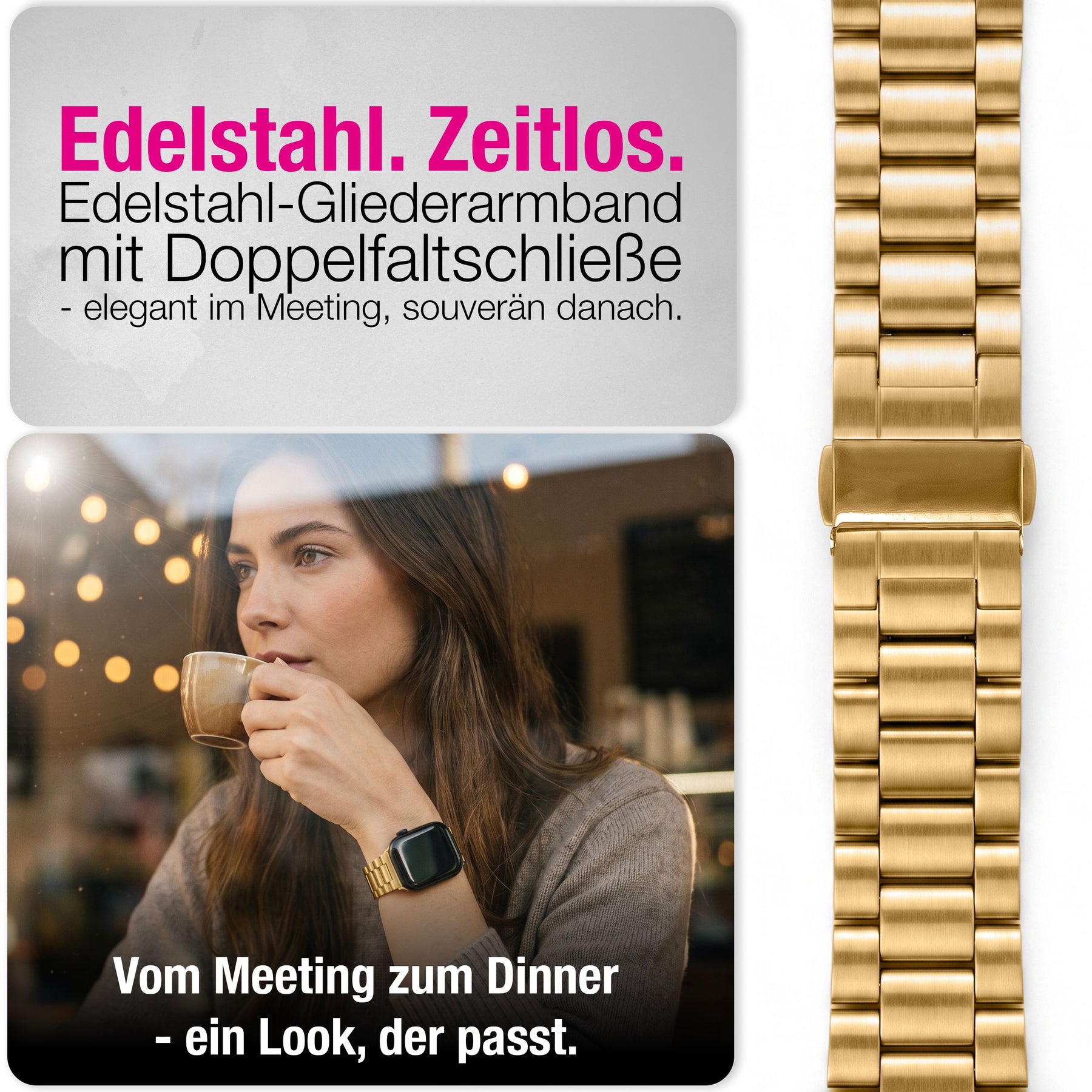 NALIA Mova Edelstahl Armband kompatibel mit Apple Watch Armband iWatch Series SE/10/9/8/7/6/5/4/3/2/1, 38/40/41/42mm, Metall Ersatzarmband mit Doppelfaltschließe, Rostfrei Königs Gold NALIA Metall Armband