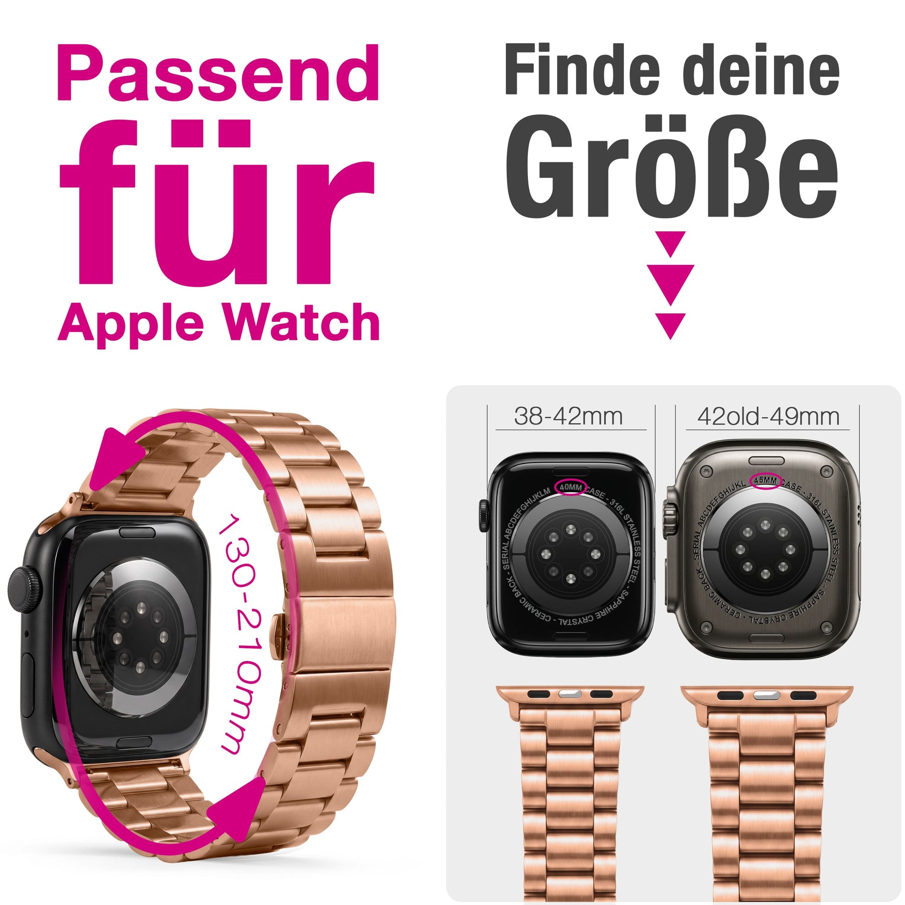 NALIA Mova Edelstahl Armband kompatibel mit Apple Watch Armband iWatch Series SE/10/9/8/7/6/5/4/3/2/1, 38/40/41/42mm, Metall Ersatzarmband mit Doppelfaltschließe, Rostfrei Kupferrosé NALIA Metall Armband