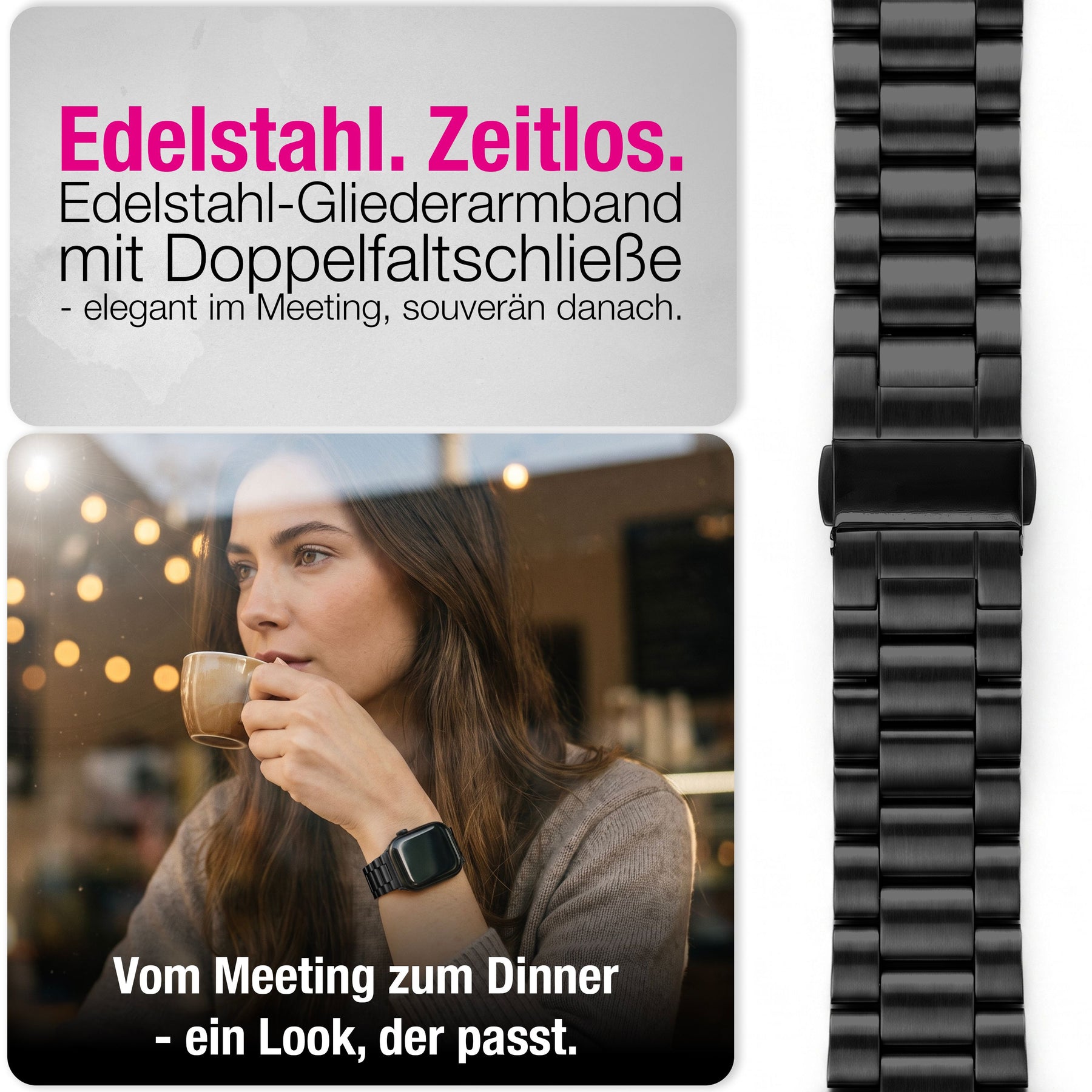 NALIA Mova Edelstahl Armband kompatibel mit Apple Watch Armband iWatch Series SE/10/9/8/7/6/5/4/3/2/1, 38/40/41/42mm, Metall Ersatzarmband mit Doppelfaltschließe, Rostfrei Tiefschwarz NALIA Metall Armband