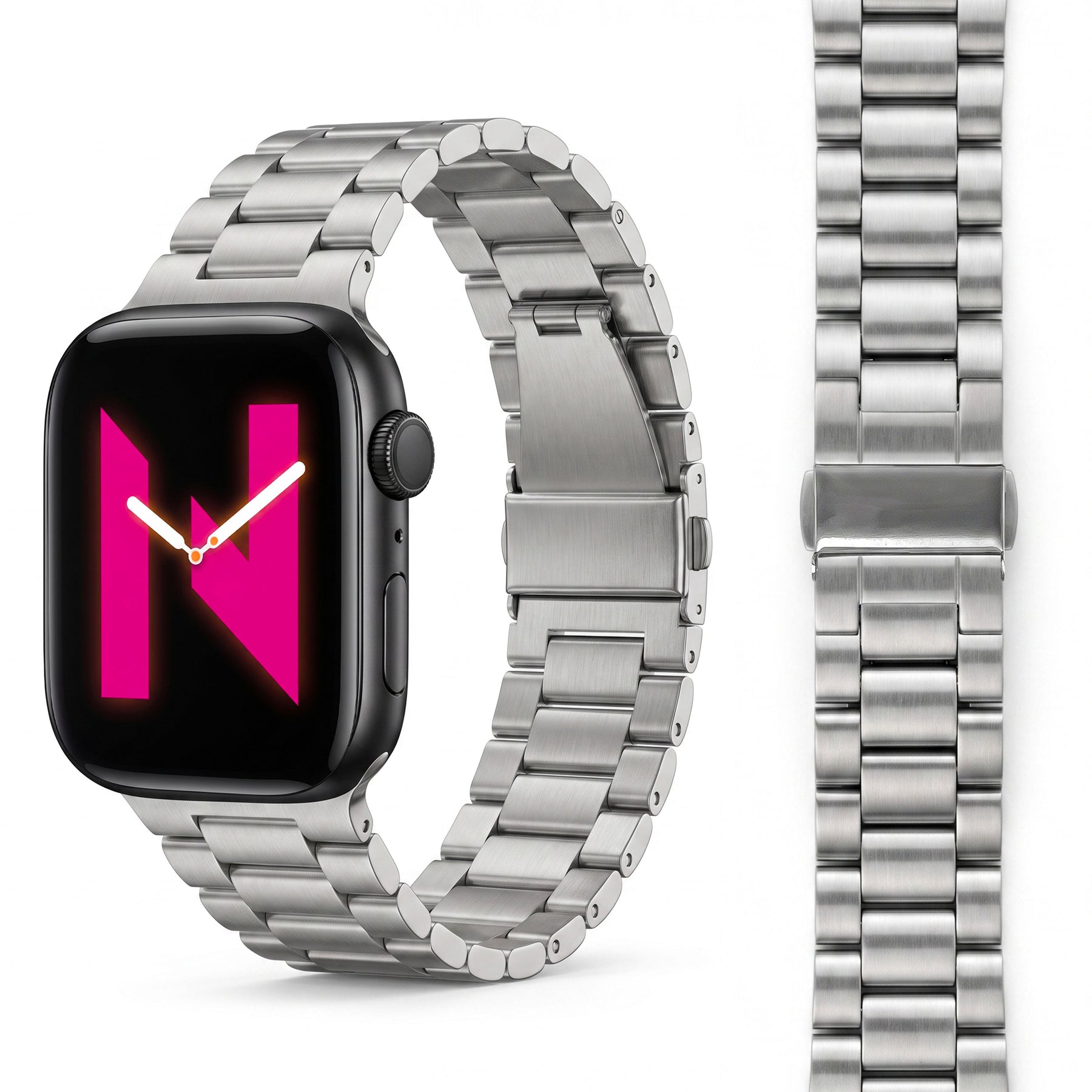 NALIA Mova Edelstahl Armband kompatibel mit Apple Watch Armband iWatch Series SE/10/9/8/7/6/5/4/3/2/1, 38/40/41/42mm, Metall Ersatzarmband mit Doppelfaltschließe, Rostfrei Eisstern Silber NALIA Metall Armband