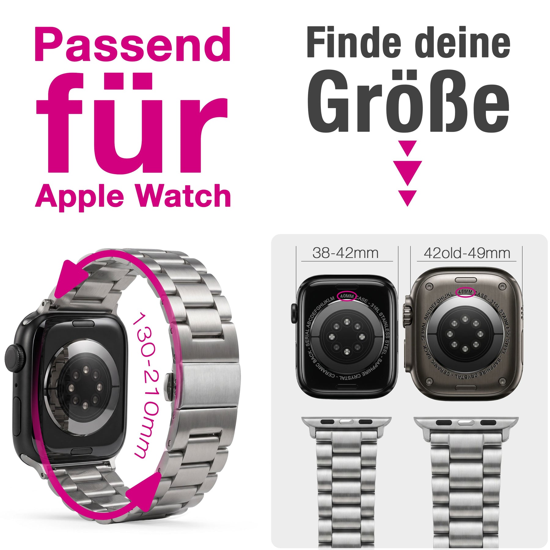 NALIA Mova Edelstahl Armband kompatibel mit Apple Watch Armband iWatch Series SE/10/9/8/7/6/5/4/3/2/1, 38/40/41/42mm, Metall Ersatzarmband mit Doppelfaltschließe, Rostfrei Eisstern Silber NALIA Metall Armband