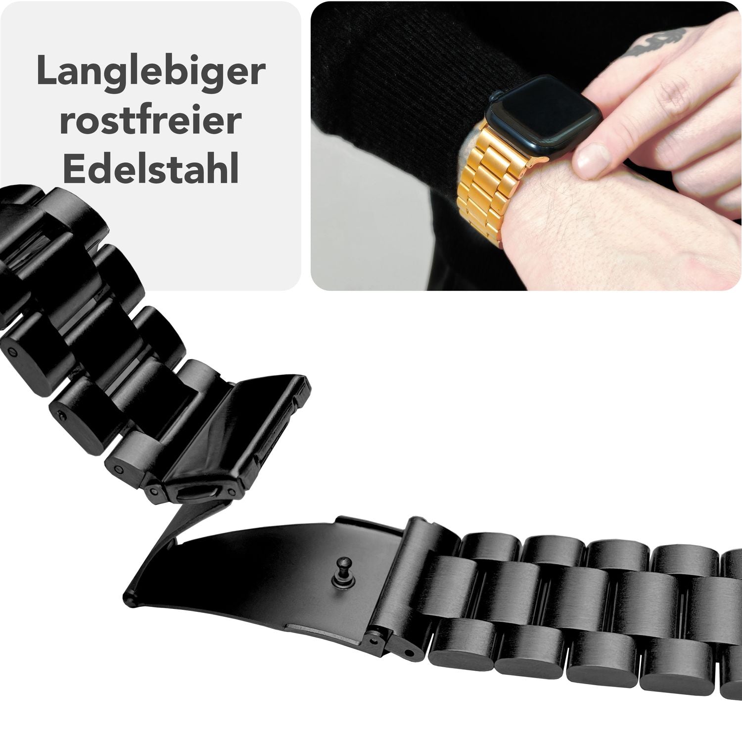 NALIA Mova Armband für Apple Watch Ultra/SE/10/9/8/7/6/5/4/3/2/1, Gehäusegröße 42/44/45/46/49mm, Edelstahl Ersatzarmband mit Doppelfaltschließe, Metall Rostfrei Tiefschwarz NALIA Metall Armband