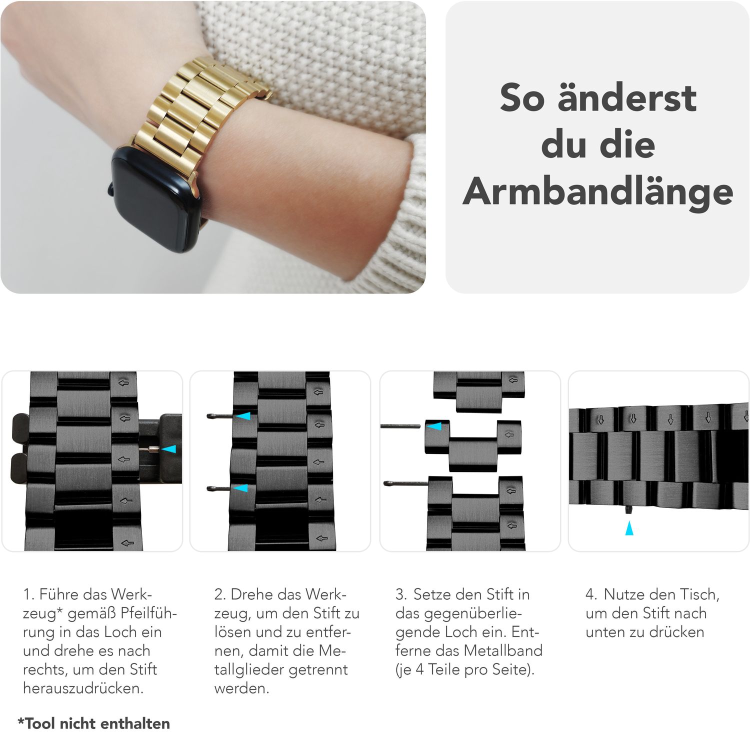 NALIA Mova Armband für Apple Watch Ultra/SE/10/9/8/7/6/5/4/3/2/1, Gehäusegröße 42/44/45/46/49mm, Edelstahl Ersatzarmband mit Doppelfaltschließe, Metall Rostfrei Tiefschwarz NALIA Metall Armband