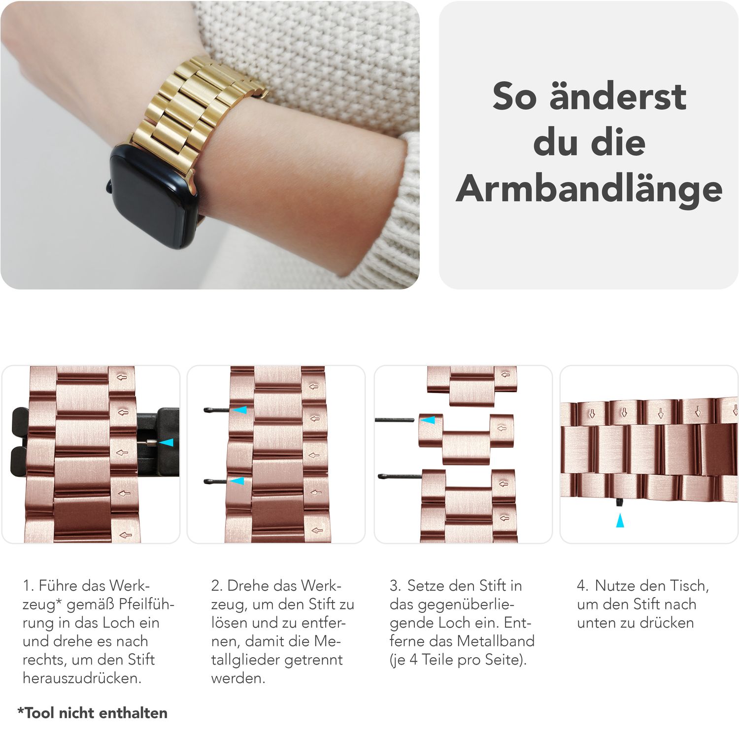 NALIA Mova Armband für Apple Watch Ultra/SE/10/9/8/7/6/5/4/3/2/1, Gehäusegröße 42/44/45/46/49mm, Edelstahl Ersatzarmband mit Doppelfaltschließe, Metall Rostfrei Kupferrosé NALIA Metall Armband