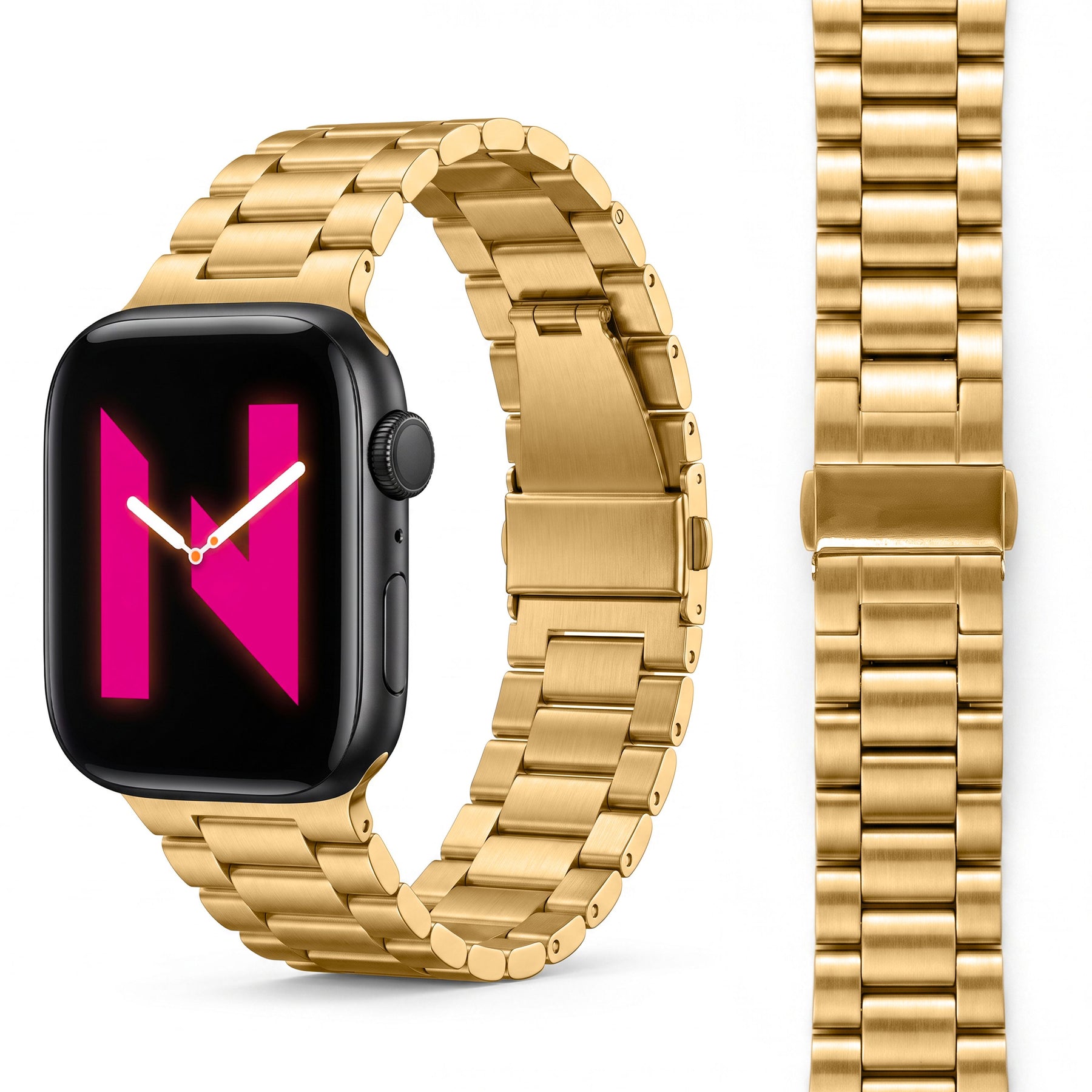 NALIA Mova Edelstahl Armband kompatibel mit Apple Watch Armband Series Ultra/SE 10/9/8/7/6/5/4/3/2/1, 42/44/45/46/49mm, Metall Ersatzarmband mit Doppelfaltschließe, Rostfrei Königs Gold NALIA Metall Armband