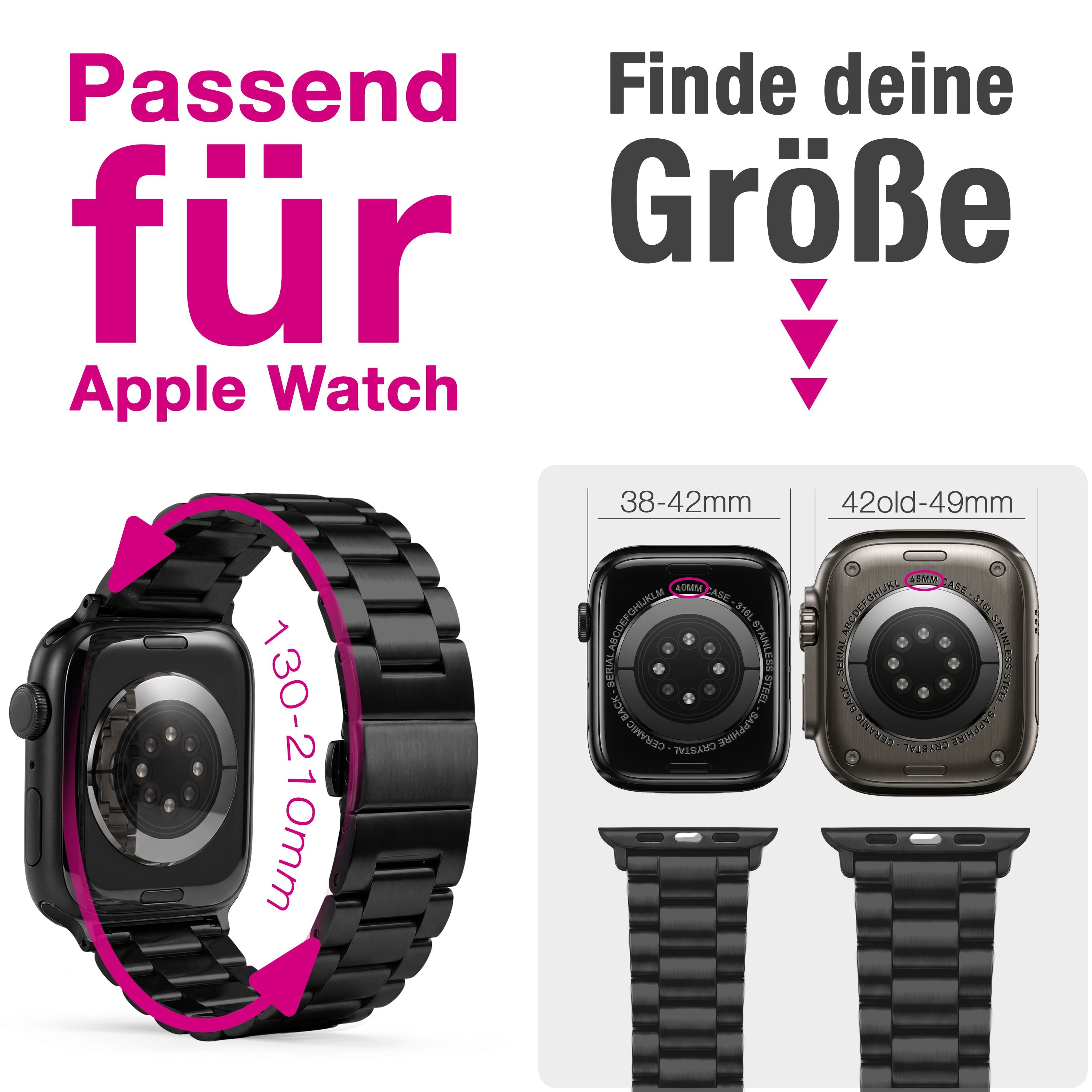 NALIA Mova Edelstahl Armband kompatibel mit Apple Watch Armband Series Ultra/SE 10/9/8/7/6/5/4/3/2/1, 42/44/45/46/49mm, Metall Ersatzarmband mit Doppelfaltschließe, Rostfrei Tiefschwarz NALIA Metall Armband
