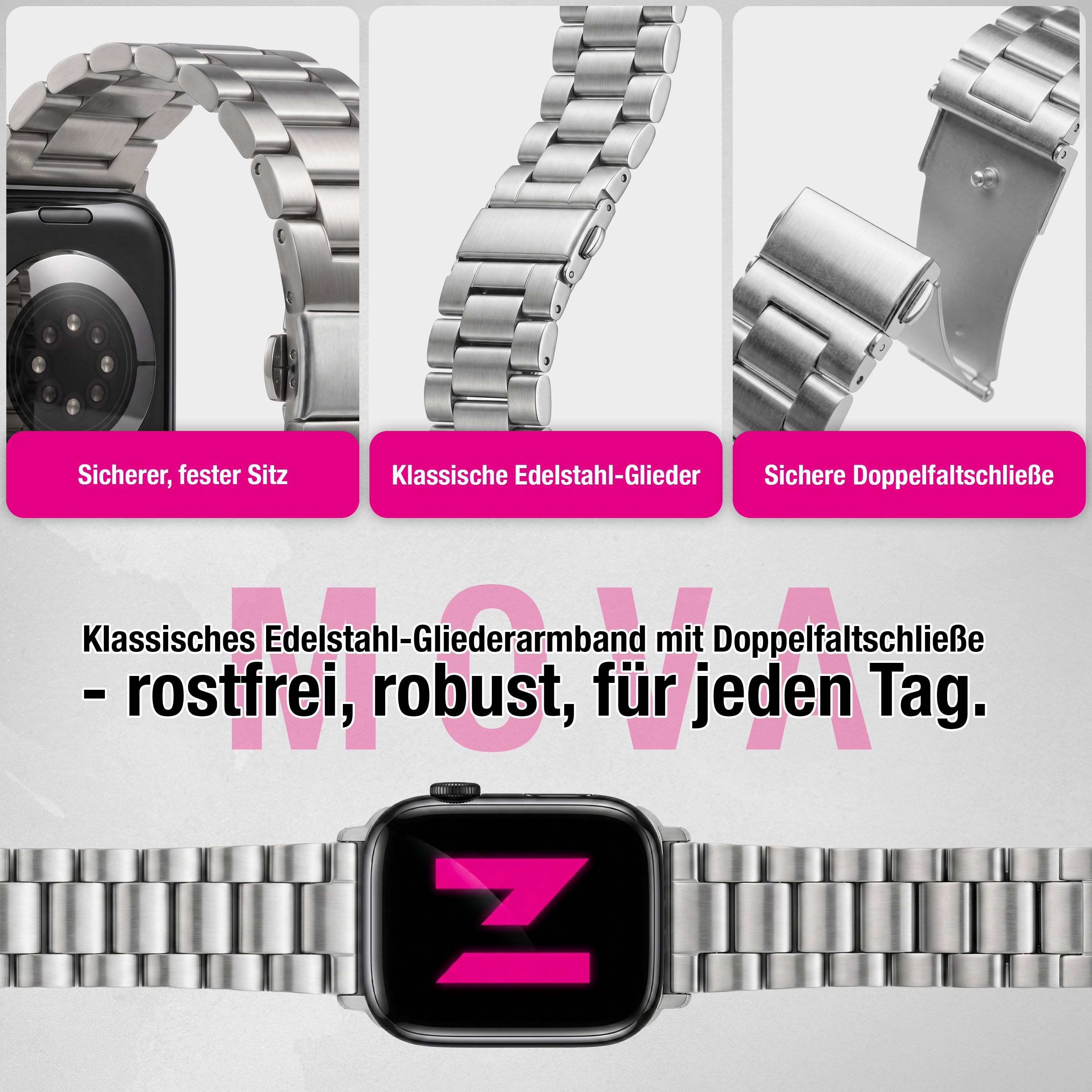 NALIA Mova Edelstahl Armband kompatibel mit Apple Watch Armband Series Ultra/SE 10/9/8/7/6/5/4/3/2/1, 42/44/45/46/49mm, Metall Ersatzarmband mit Doppelfaltschließe, Rostfrei Eisstern Silber NALIA Metall Armband