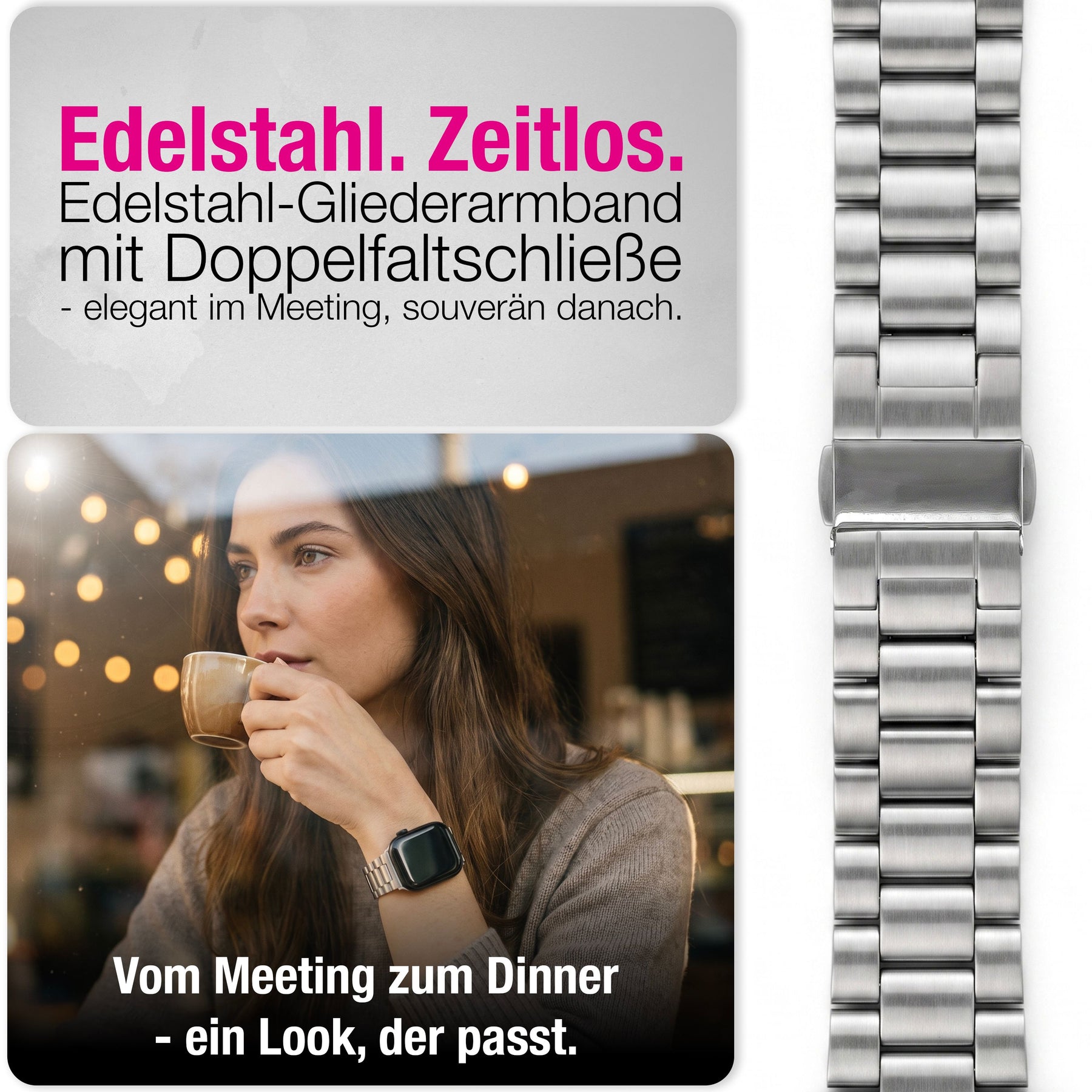 NALIA Mova Edelstahl Armband kompatibel mit Apple Watch Armband Series Ultra/SE 10/9/8/7/6/5/4/3/2/1, 42/44/45/46/49mm, Metall Ersatzarmband mit Doppelfaltschließe, Rostfrei Eisstern Silber NALIA Metall Armband