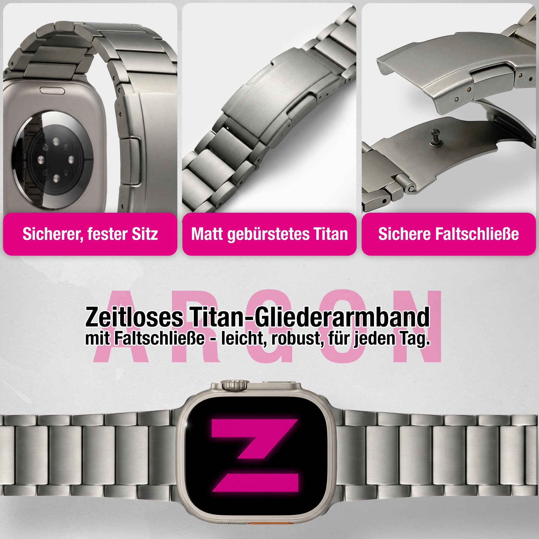 NALIA Argon Titan Armband kompatibel mit Apple Watch Armband iWatch Series SE/10/9/8/7/6/5/4/3/2/1, 38/40/41/42mm, Metall Ersatzarmband mit Faltschließe, Matt, Leicht, Rostfrei Titan Natur NALIA Metall Armband