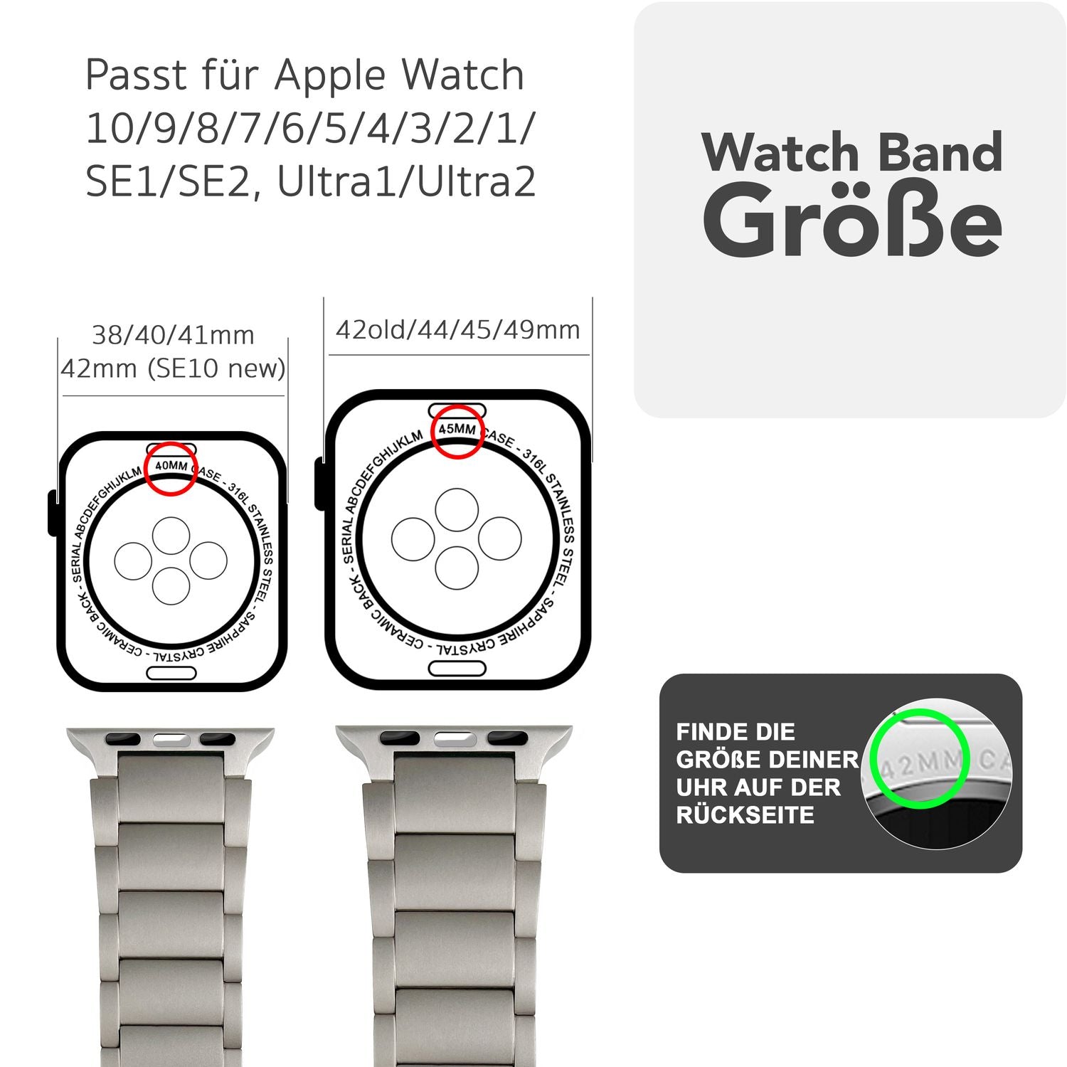 NALIA Argon Titan Armband für Apple Watch Ultra/SE/10/9/8/7/6/5/4/3/2/1, Gehäusegröße 42/44/45/46/49mm, Rostfreies Metall Ersatzarmband mit Faltschließe Titan Natur NALIA Metall Armband
