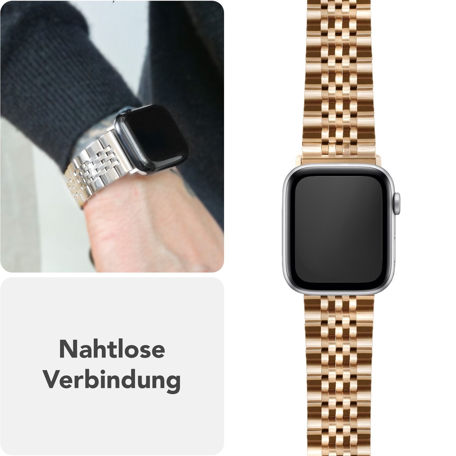 NALIA Trivo Edelstahl Armband für Apple Watch SE/10/9/8/7/6/5/4/3/2/1, Gehäusegröße 38/40/41/42mm, Metall Ersatzarmband Rostfrei mit Schmetterlingsschließe Champagner Gold NALIA Metall Armband
