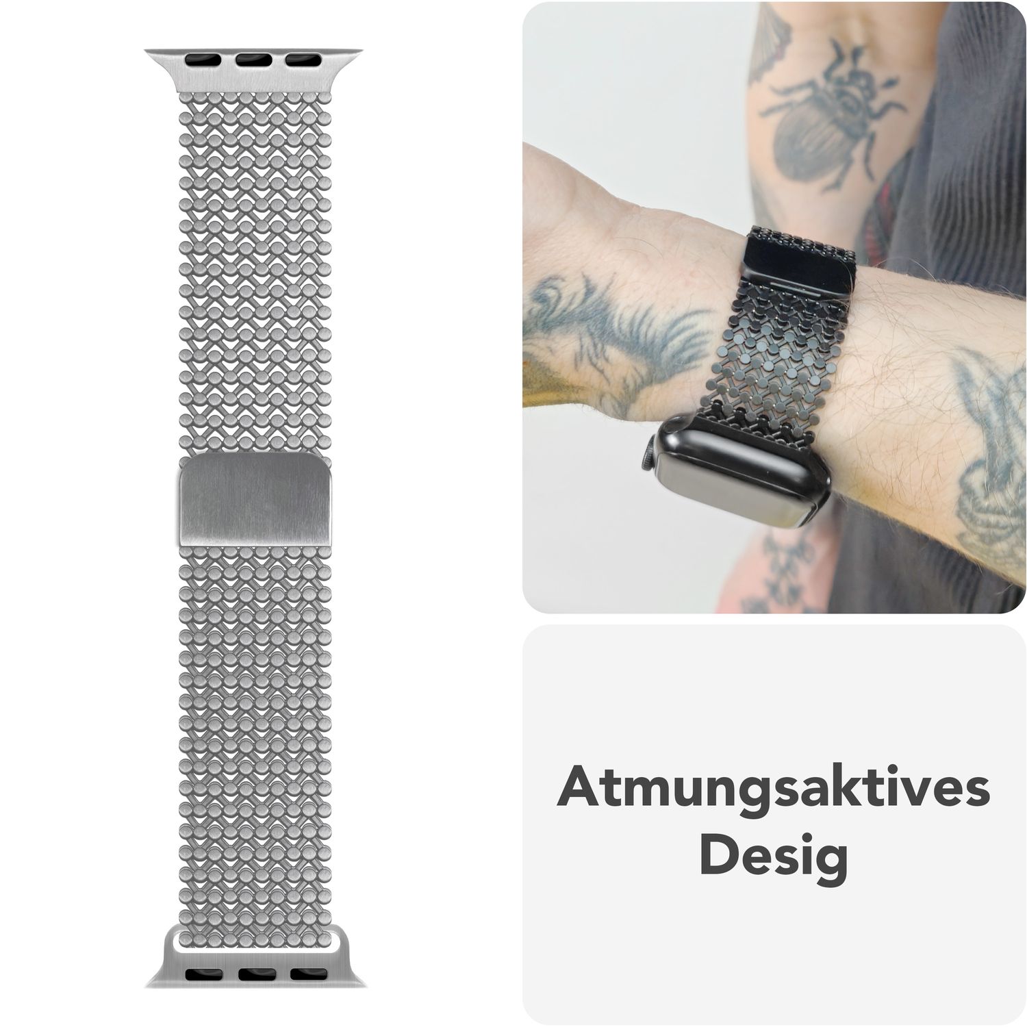 NALIA Alvia Mesh Loop Armband für Apple Watch SE/10/9/8/7/6/5/4/3/2/1, Gehäusegröße 38/40/41/42mm, Atmungsaktives Magnetisches Edelstahl Ersatzarmband Eisstern Silber NALIA Metall Armband