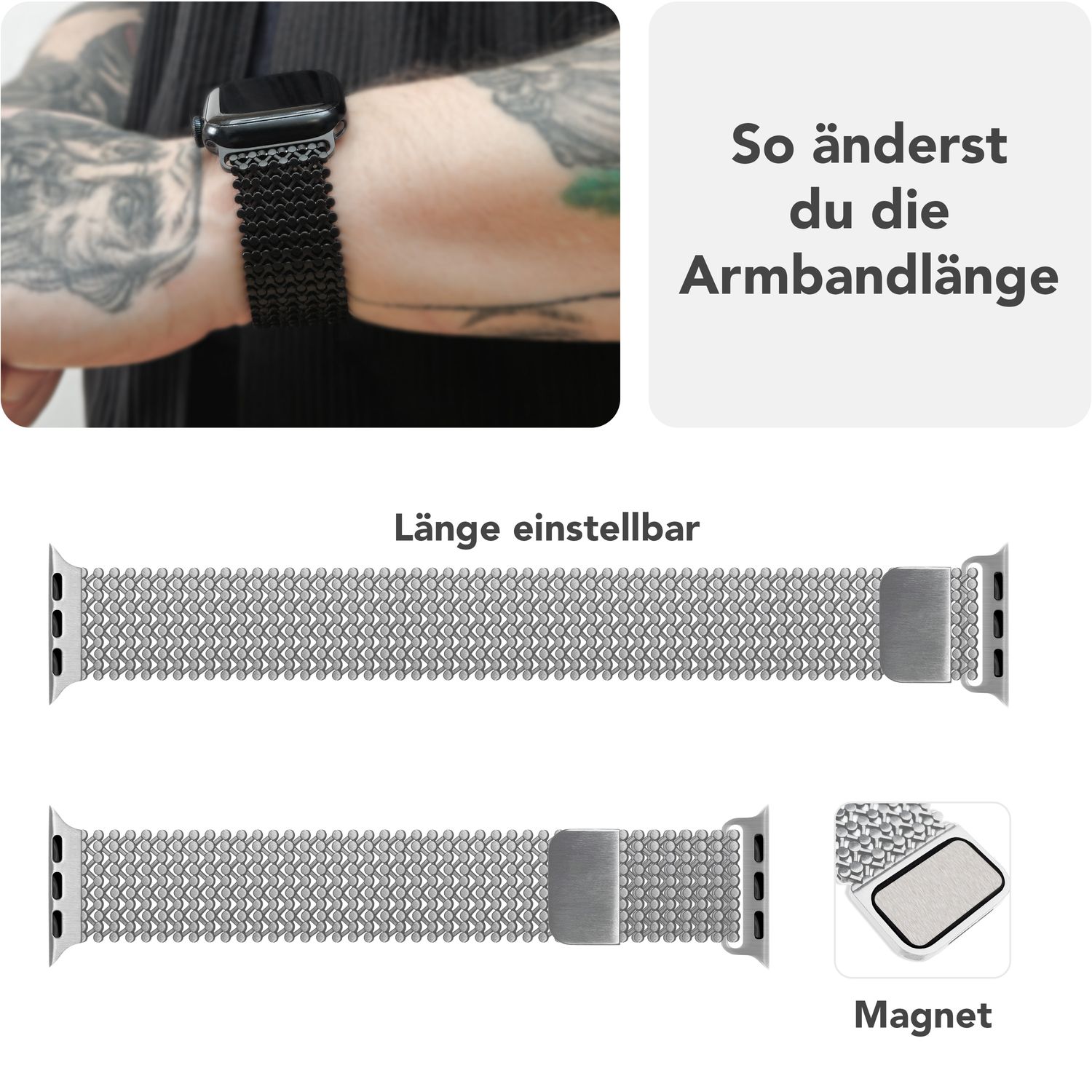 NALIA Alvia Mesh Loop Armband für Apple Watch Ultra/SE/10/9/8/7/6/5/4/3/2/1, Gehäusegröße 42/44/45/46/49mm, Atmungsaktives Magnetisches Edelstahl Ersatzarmband Eisstern Silber NALIA Metall Armband