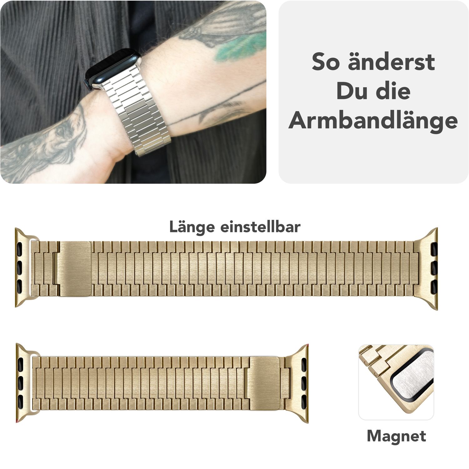 NALIA Chronos Edelstahl Armband für Apple Watch SE/10/9/8/7/6/5/4/3/2/1, Gehäusegröße 38/40/41/42mm, Magnetisches Metall Loop Ersatzarmband Sonnengold NALIA Metall Armband