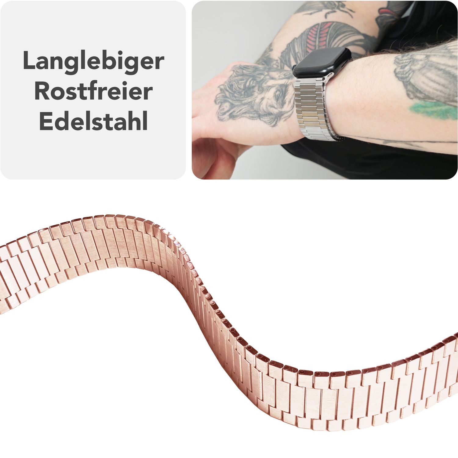 NALIA Chronos Edelstahl Armband für Apple Watch Ultra/SE/10/9/8/7/6/5/4/3/2/1, Gehäusegröße 42/44/45/46/49mm, Magnetisches Metall Loop Ersatzarmband Kupferrosé NALIA Metall Armband