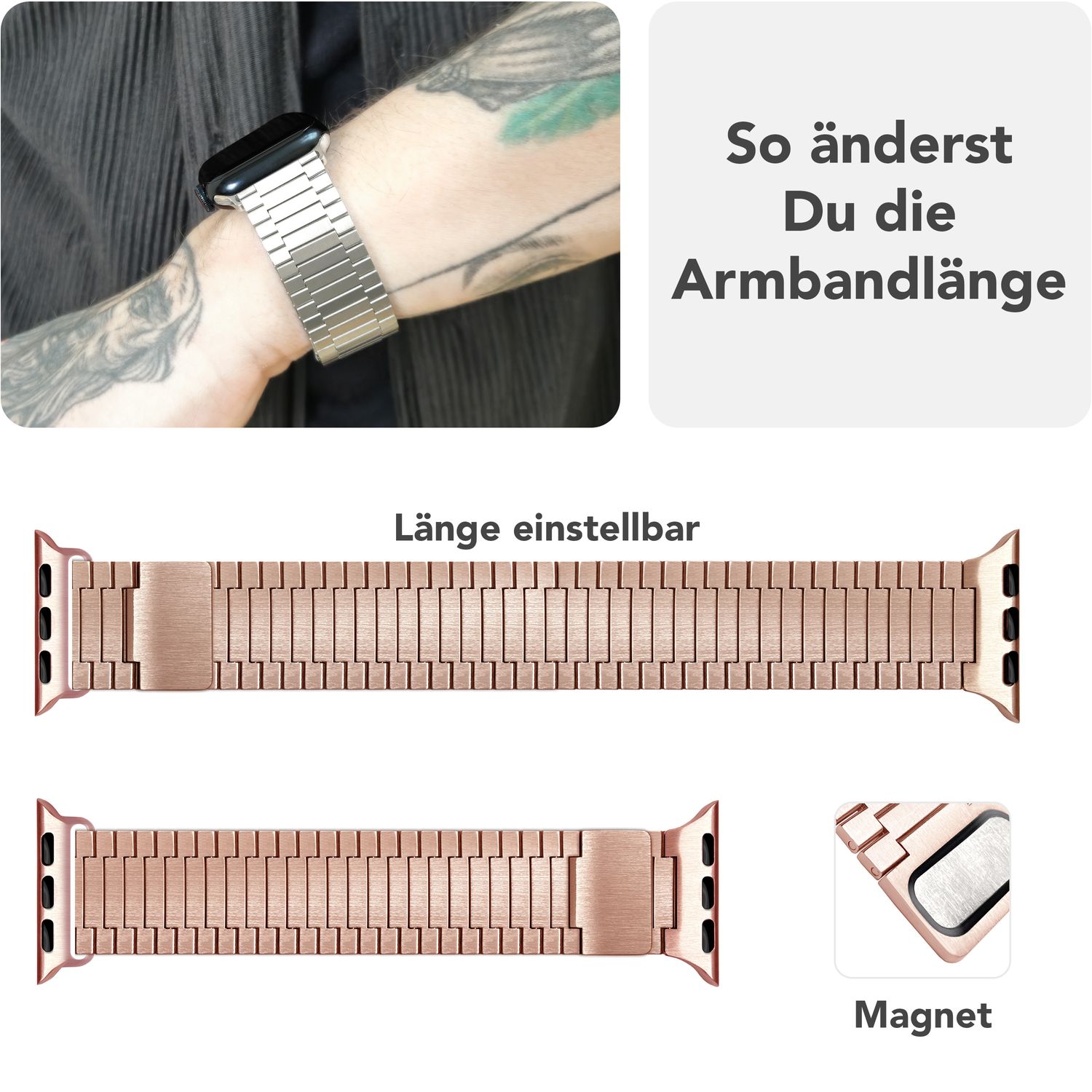 NALIA Chronos Edelstahl Armband für Apple Watch Ultra/SE/10/9/8/7/6/5/4/3/2/1, Gehäusegröße 42/44/45/46/49mm, Magnetisches Metall Loop Ersatzarmband Kupferrosé NALIA Metall Armband