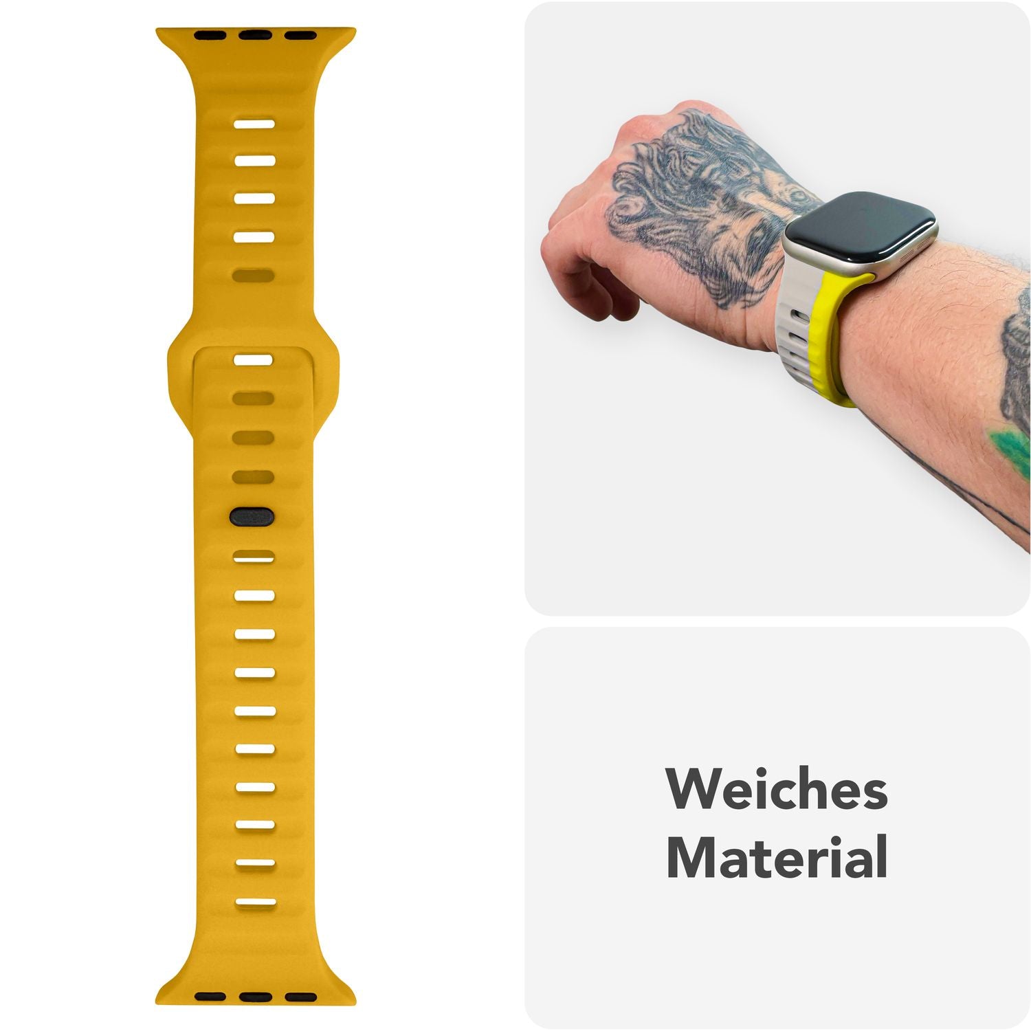 NALIA Motion Armband für Apple Watch Ultra/SE/10/9/8/7/6/5/4/3/2/1, Gehäusegröße 42/44/45/46/49mm, Soft Silikon Ersatz Sportarmband mit Steck-Pin Verschluss Sonnengelb NALIA Silikon Armband