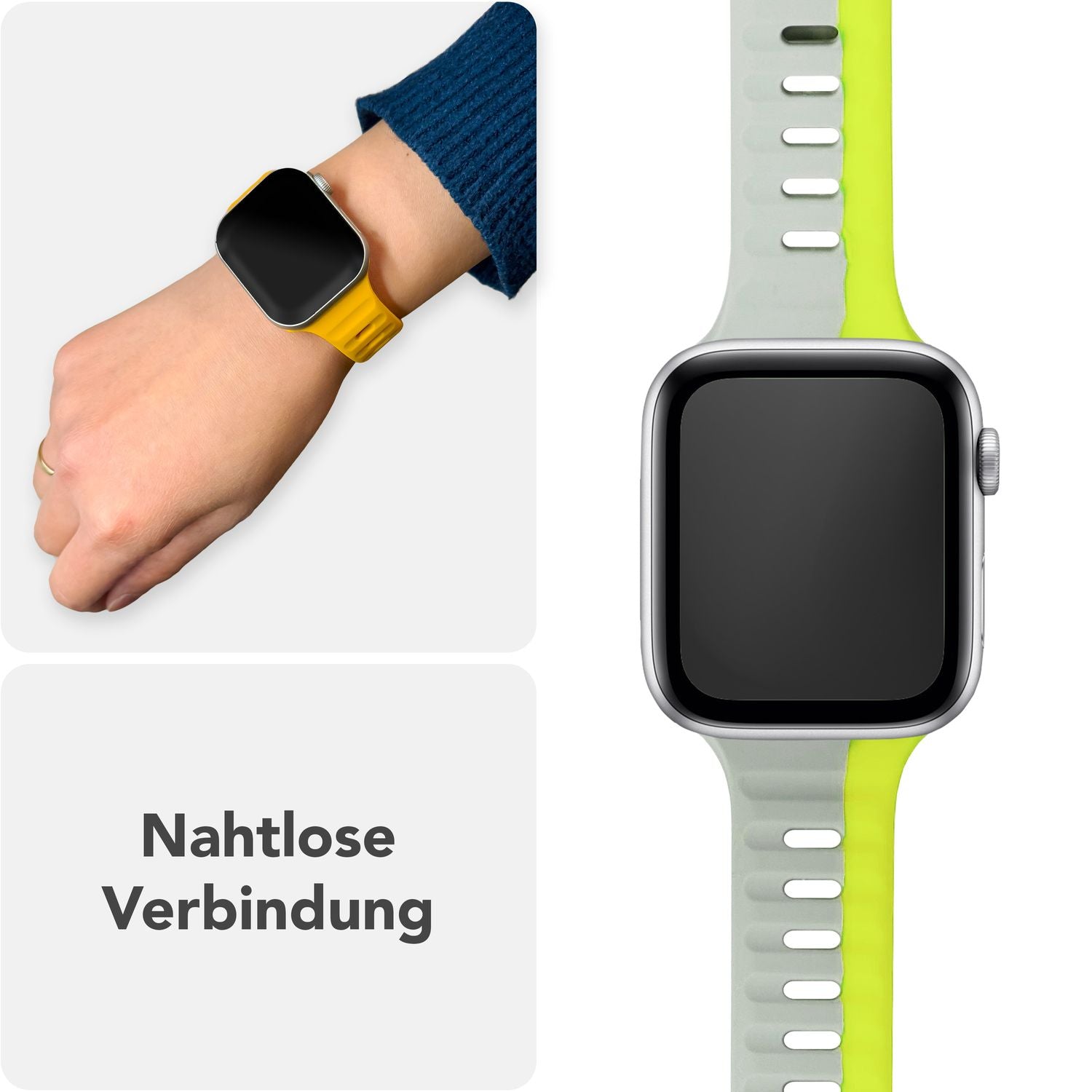 NALIA Motion Armband für Apple Watch Ultra/SE/10/9/8/7/6/5/4/3/2/1, Gehäusegröße 42/44/45/46/49mm, Soft Silikon Ersatz Sportarmband mit Steck-Pin Verschluss Leuchtgelb Grau NALIA Silikon Armband