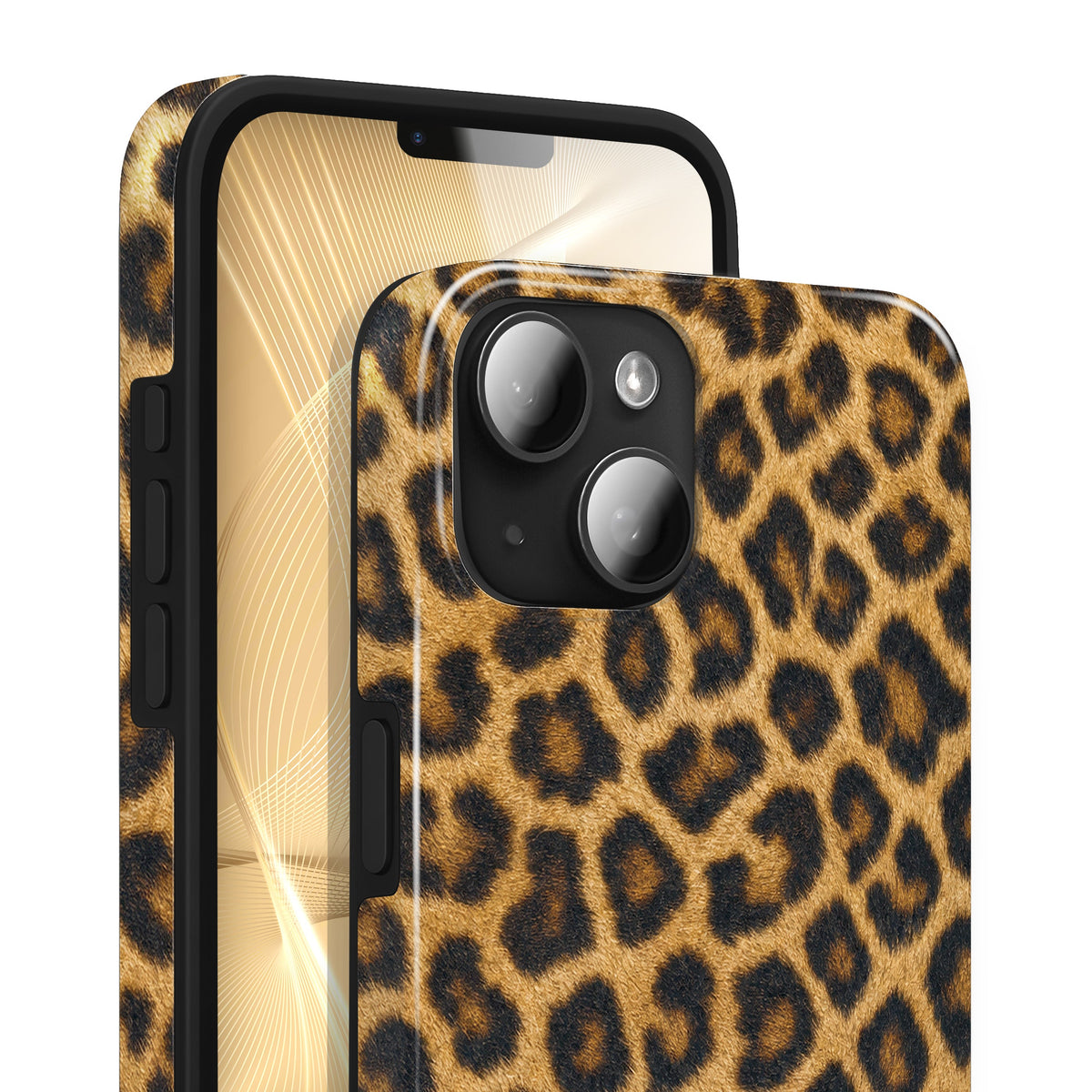 Leona iPhone 15 Plus Hülle mit Leopardenmuster, Vorderseite und Rückseite mit Kamera