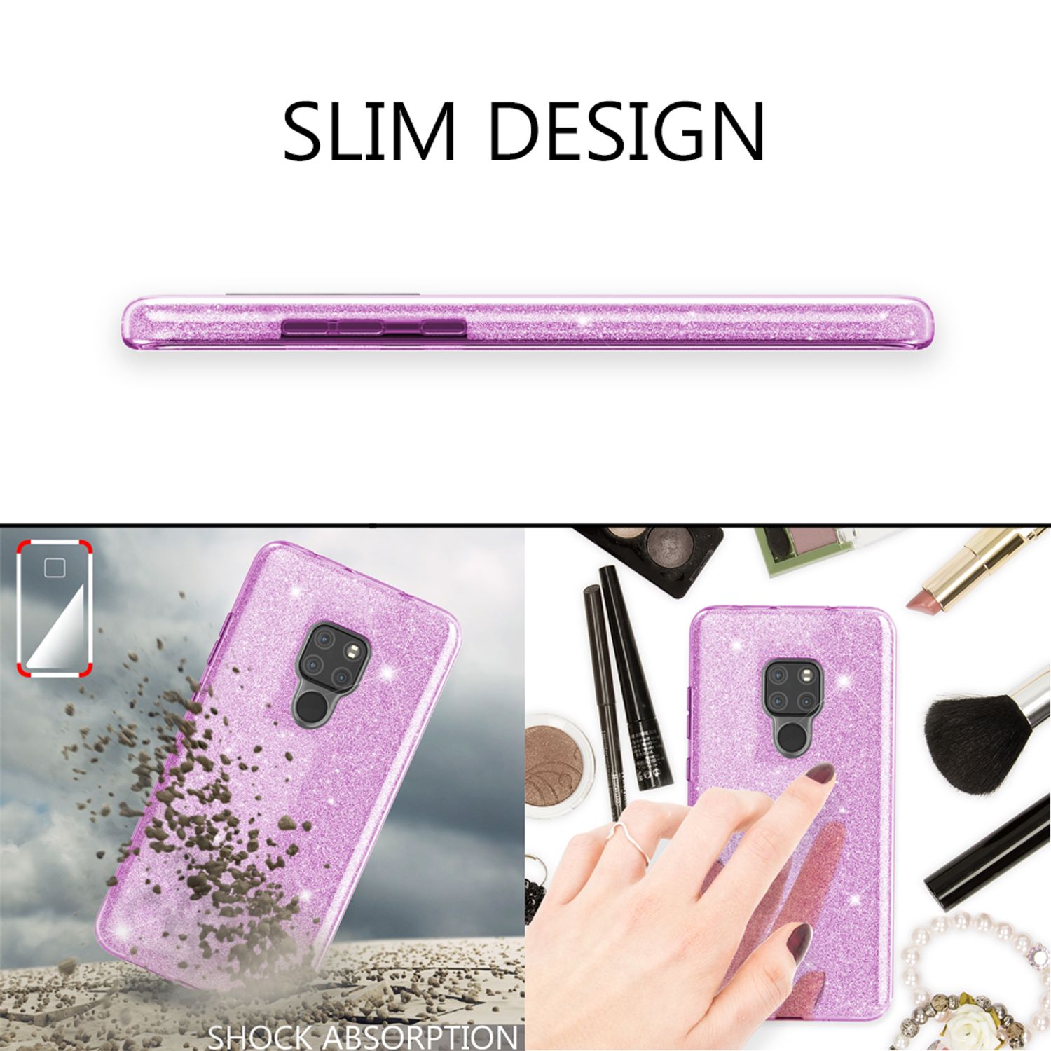 NALIA Handyhülle für Huawei Mate20, Glitzer Slim Silikon Case Cover Schutzhülle Silber NALIA Protective Hülle