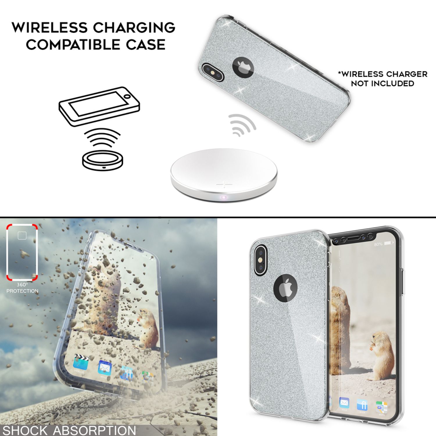 NALIA 360 Grad Hülle für Apple iPhone XS X Glitter Handy Cover Case Silikon Etui Schwarz NALIA