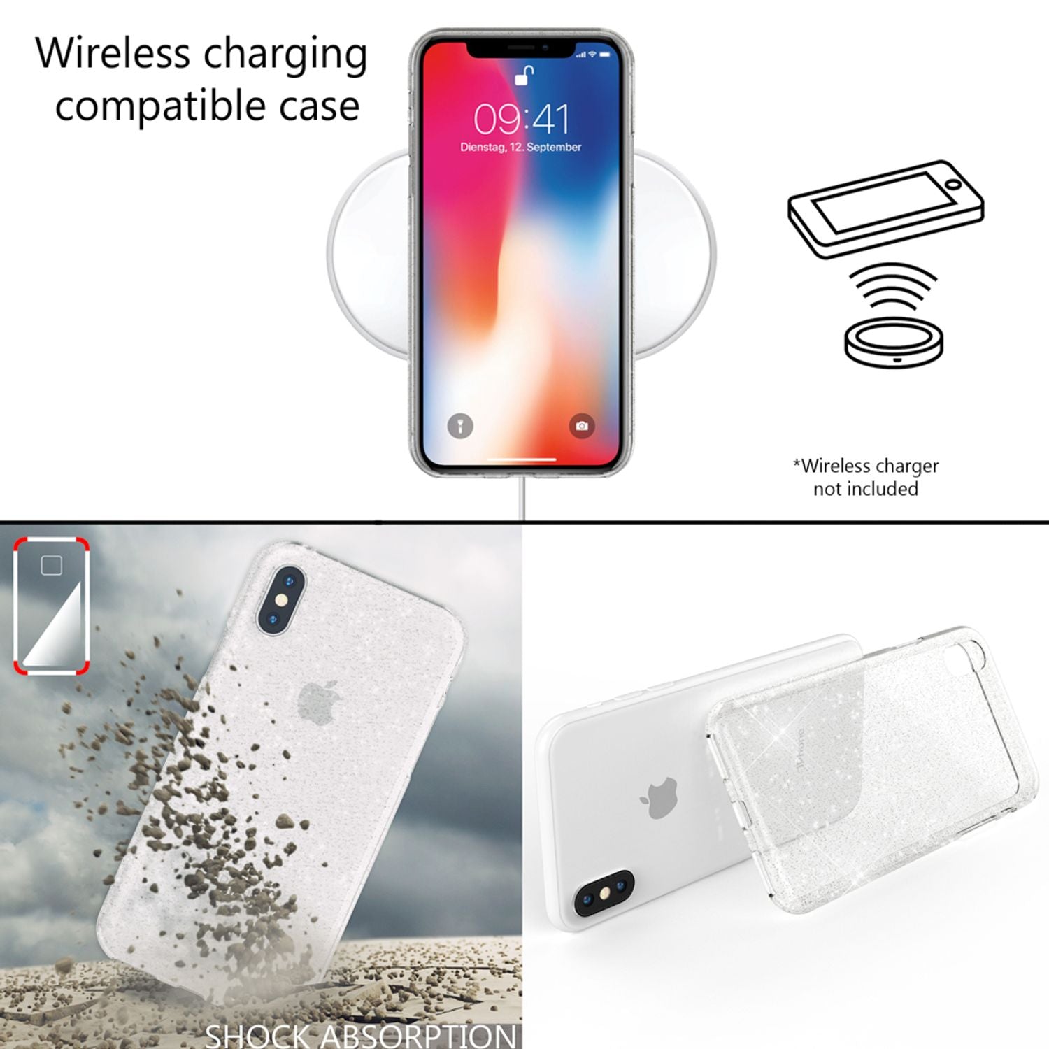 NALIA Handy Hülle für Apple iPhone X XS, Glitzer Case Cover Slim Silikon Bumper Transparent NALIA Transparente Hülle