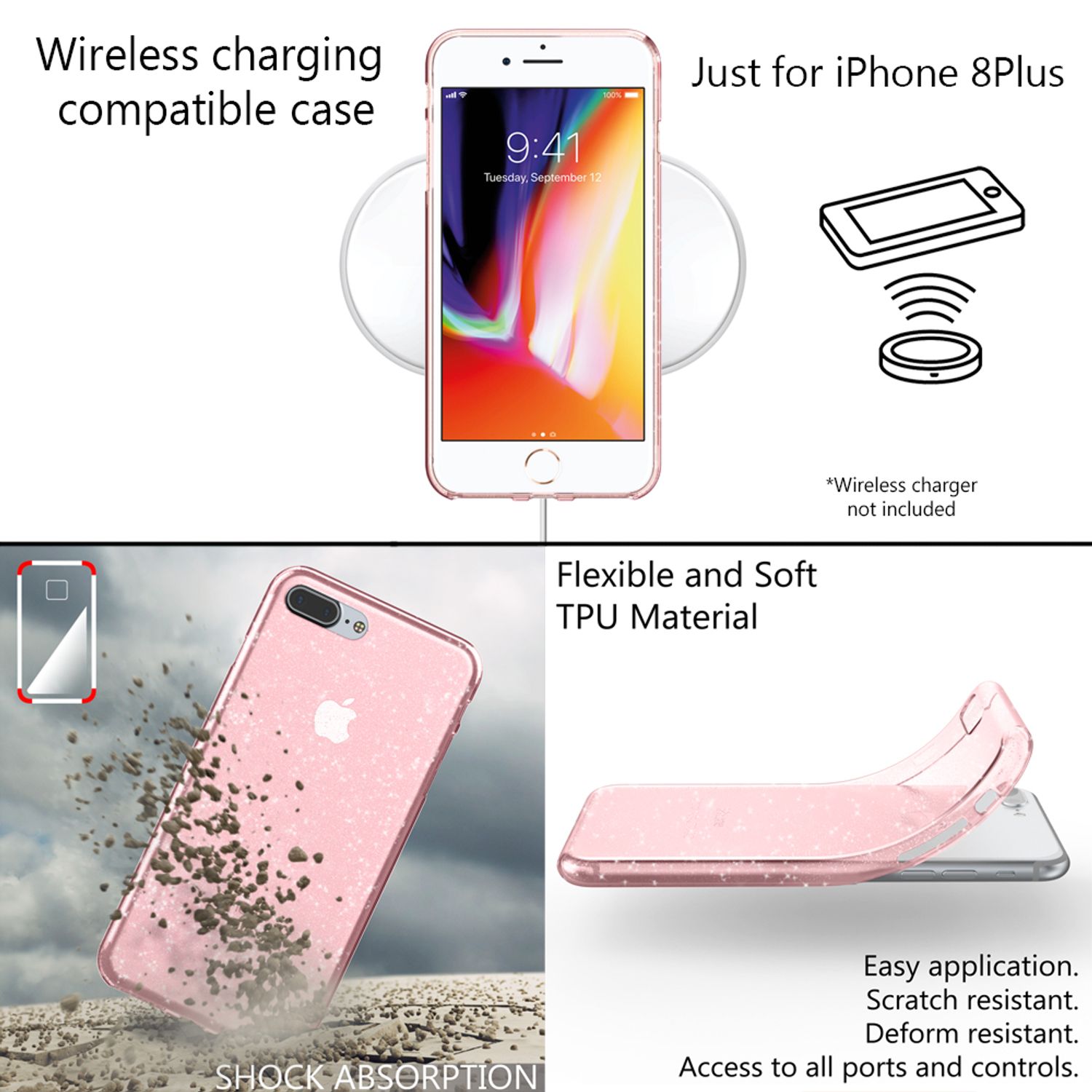 NALIA Handy Hülle für Apple iPhone 8 Plus, Glitzer Back Cover Case Silikon Etui Transparent NALIA Transparente Hülle