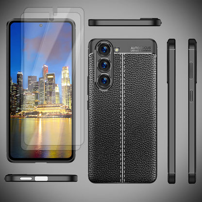 Leder Look Silikon Hülle für Samsung Galaxy S23 Plus, 2x Displayschutz, Schwarz