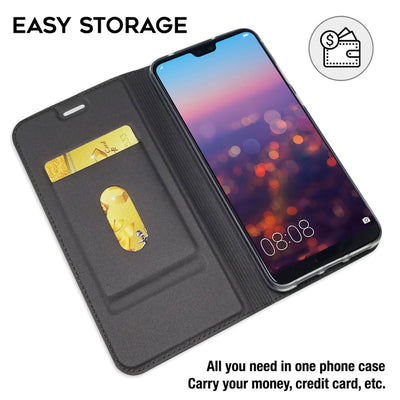 NALIA Hülle kompatibel mit Huawei P20 Pro, Kickstand Handyhülle Flip-Case Kunstleder Book-Cover mit Magnet, Etui Ganzkörper Schutzhülle Dünne Rundum Handy-Tasche Bumper Schwarz Grau NALIA SlimFit Hülle