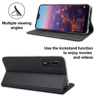 NALIA Hülle kompatibel mit Huawei P20 Pro, Kickstand Handyhülle Flip-Case Kunstleder Book-Cover mit Magnet, Etui Ganzkörper Schutzhülle Dünne Rundum Handy-Tasche Bumper Schwarz Grau NALIA SlimFit Hülle