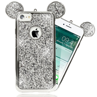 NALIA Handyhülle kompatibel mit iPhone 7, Glitzer Slim Back-Cover Case mit Maus Ohren, Glitter Silikon Hülle Schutzhülle Dünn, Strass Bling Etui Handy-Tasche Smart-Phone Bumper NALIA Protective Hülle