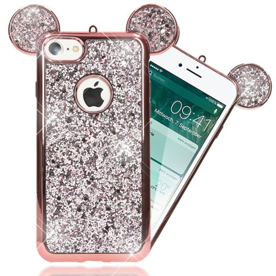 NALIA Handyhülle kompatibel mit iPhone 7, Glitzer Slim Back-Cover Case mit Maus Ohren, Glitter Silikon Hülle Schutzhülle Dünn, Strass Bling Etui Handy-Tasche Smart-Phone Bumper Rose Gold NALIA Protective Hülle