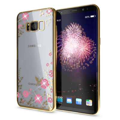 NALIA Handyhülle kompatibel mit Samsung Galaxy S8 Plus, Durchsichtiges Slim Silikon Case Blumen-Muster Metall-Optik, Dünne Schutzhülle Glitzer-Steine Bling Cover Etui Handy-Tasche Hülle Gold NALIA Transparente Hülle