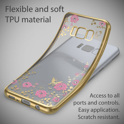 NALIA Handyhülle kompatibel mit Samsung Galaxy S8 Plus, Durchsichtiges Slim Silikon Case Blumen-Muster Metall-Optik, Dünne Schutzhülle Glitzer-Steine Bling Cover Etui Handy-Tasche Hülle Gold NALIA Transparente Hülle