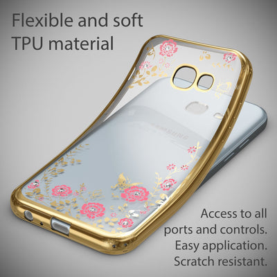 NALIA Handyhülle kompatibel mit Samsung Galaxy A5 2017, Durchsichtiges Slim Silikon Case Blumen-Muster Metall-Optik, Dünne Schutzhülle Glitzer-Steine Bling Cover Etui Handy-Tasche Hülle Gold NALIA Transparente Hülle