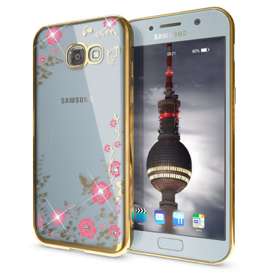 NALIA Handyhülle kompatibel mit Samsung Galaxy A5 2017, Durchsichtiges Slim Silikon Case Blumen-Muster Metall-Optik, Dünne Schutzhülle Glitzer-Steine Bling Cover Etui Handy-Tasche Hülle Gold NALIA Transparente Hülle