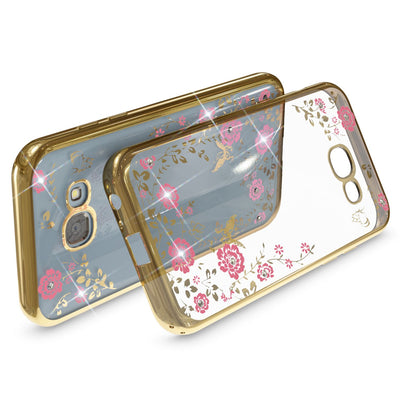 NALIA Handyhülle kompatibel mit Samsung Galaxy A5 2017, Durchsichtiges Slim Silikon Case Blumen-Muster Metall-Optik, Dünne Schutzhülle Glitzer-Steine Bling Cover Etui Handy-Tasche Hülle Gold NALIA Transparente Hülle