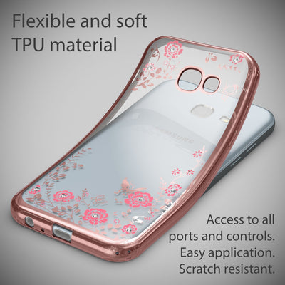 NALIA Handyhülle kompatibel mit Samsung Galaxy A5 2017, Durchsichtiges Slim Silikon Case Blumen-Muster Metall-Optik, Dünne Schutzhülle Glitzer-Steine Bling Cover Etui Handy-Tasche Hülle Gold NALIA Transparente Hülle
