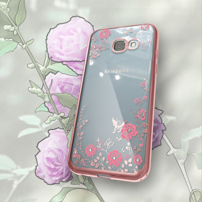 NALIA Handyhülle kompatibel mit Samsung Galaxy A5 2017, Durchsichtiges Slim Silikon Case Blumen-Muster Metall-Optik, Dünne Schutzhülle Glitzer-Steine Bling Cover Etui Handy-Tasche Hülle Gold NALIA Transparente Hülle