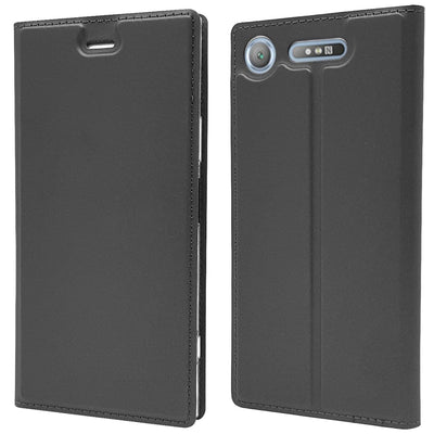 NALIA Klapphülle kompatibel mit Sony Xperia XZ1, Slim Kickstand Handyhülle Flip-Case Kunstleder Book-Cover Magnet Etui Ganzkörper Schutz Dünne Back Rundum Handy-Tasche Etui Schwarz Grau NALIA SlimFit Hülle