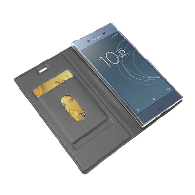 NALIA Klapphülle kompatibel mit Sony Xperia XZ1, Slim Kickstand Handyhülle Flip-Case Kunstleder Book-Cover Magnet Etui Ganzkörper Schutz Dünne Back Rundum Handy-Tasche Etui Schwarz Grau NALIA SlimFit Hülle
