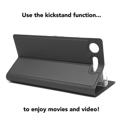 NALIA Klapphülle kompatibel mit Sony Xperia XZ1, Slim Kickstand Handyhülle Flip-Case Kunstleder Book-Cover Magnet Etui Ganzkörper Schutz Dünne Back Rundum Handy-Tasche Etui Schwarz Grau NALIA SlimFit Hülle