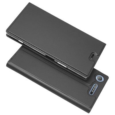 NALIA Klapphülle kompatibel mit Sony Xperia XZ1, Slim Kickstand Handyhülle Flip-Case Kunstleder Book-Cover Magnet Etui Ganzkörper Schutz Dünne Back Rundum Handy-Tasche Etui Schwarz Grau NALIA SlimFit Hülle