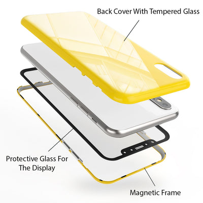 NALIA Magnetische 360° Glas Hülle kompatibel mit iPhone XS Max, Ultra-Slim Hard-Case Dünnes Hartglas Back-Cover mit Rahmen & Display-Schutz, Full-Body Schutzhülle Bumper Handy-Tasche Gelb NALIA GlasSchutz